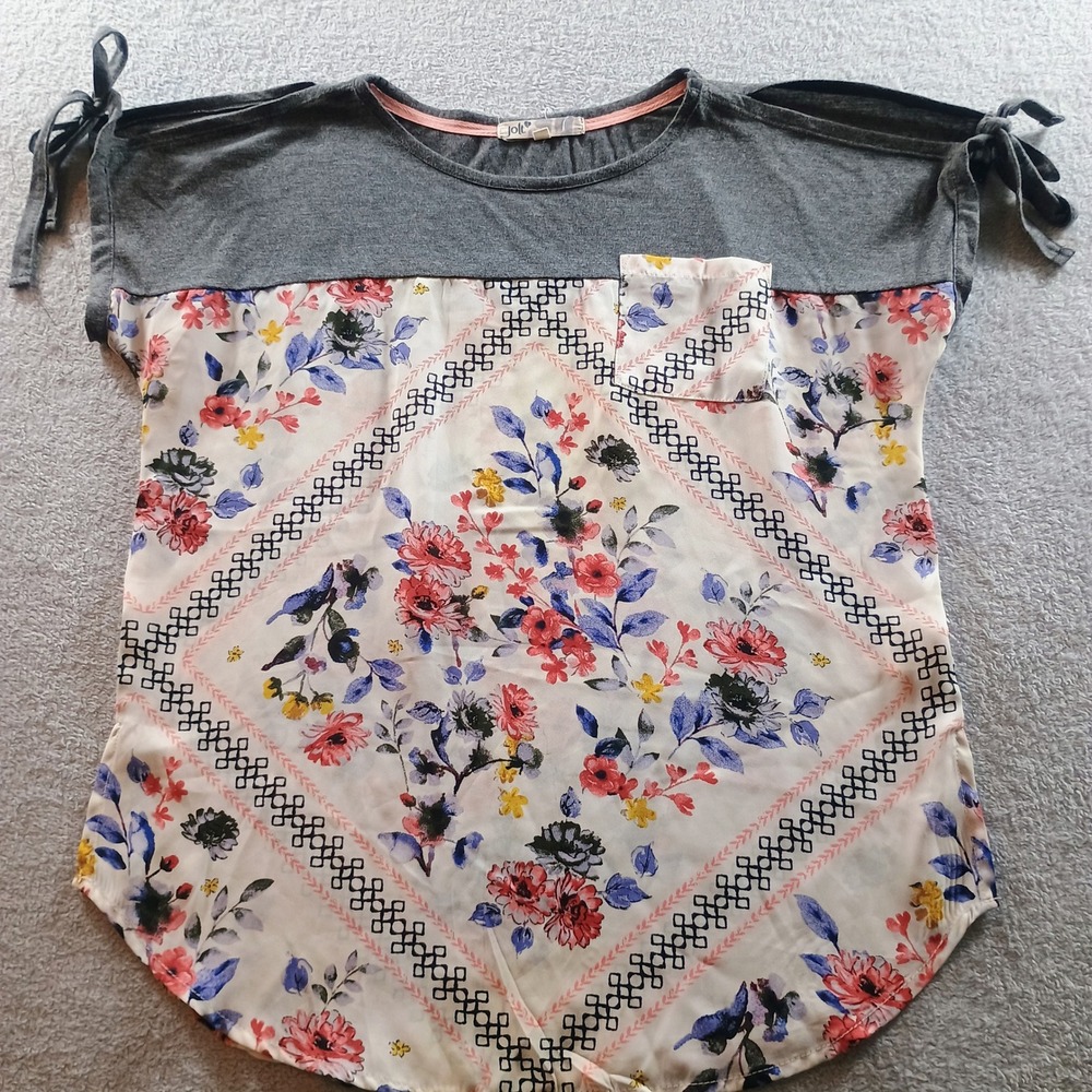 Jolt Women Floral Mixed Media Top Gray Pink Large Tie Sleeve Blouse‎